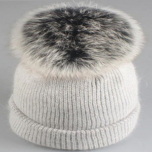 Angora Wool Detachable Real Fur Pom Pom Beanie Hat